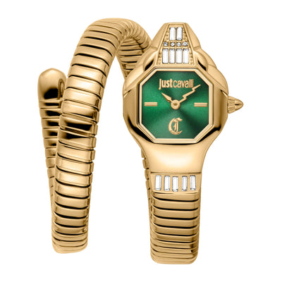 Just Cavalli Signature Snake Glanzende Slang Geelgoud Groen