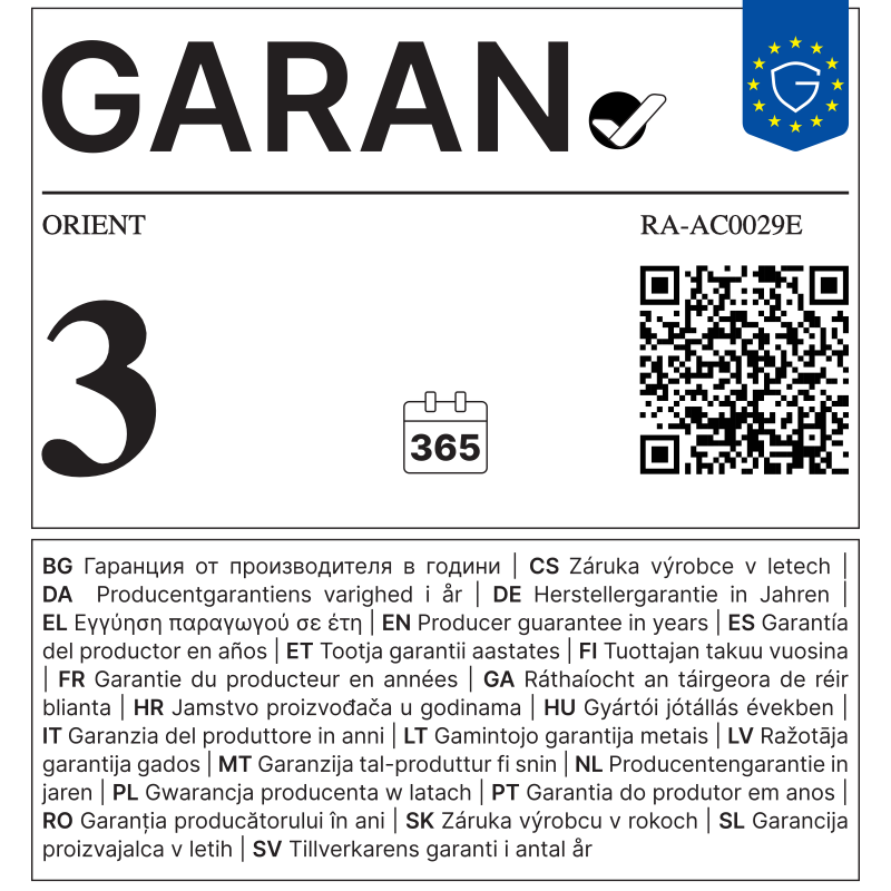 EU GARAN label - ORIENT RA-AC0029E - 3 year producer guarantee of durability