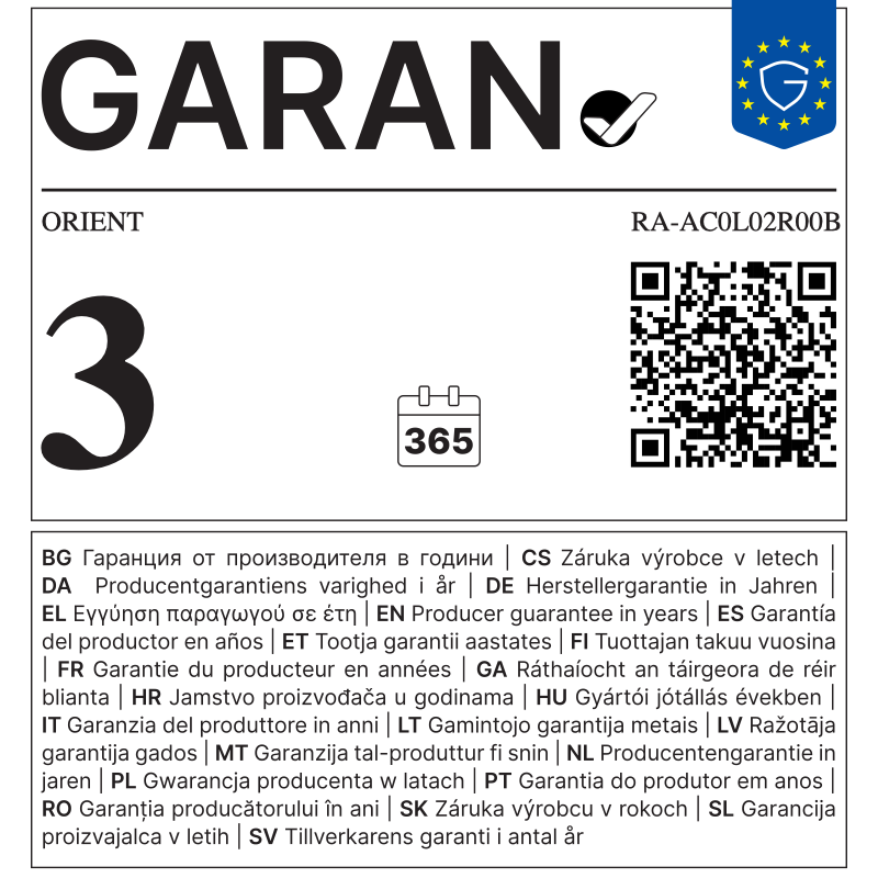 EU GARAN label - ORIENT RA-AC0L02R00B - 3 year producer guarantee of durability